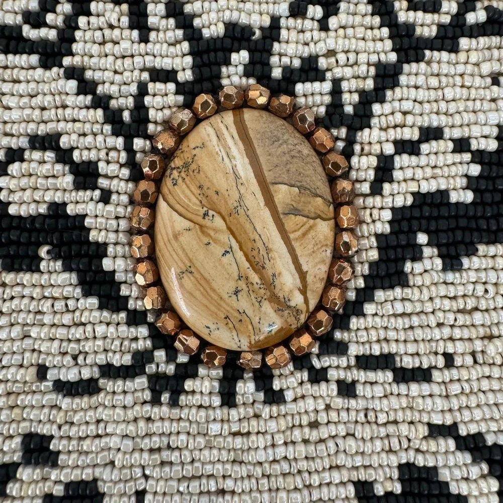 Mary Frances Fully Beaded Semi-Circle Clutch Bag Feather Trim Wood Handle - Picture 9 of 12